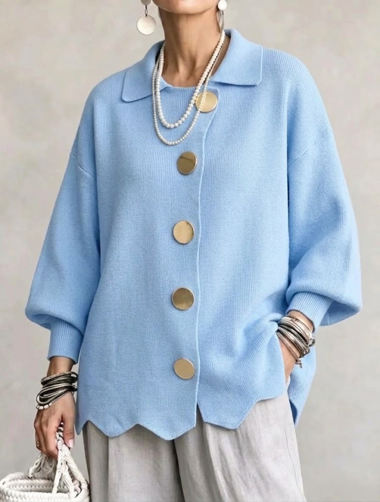 Cardigan oversize femme à col pointu et boutons dorés
