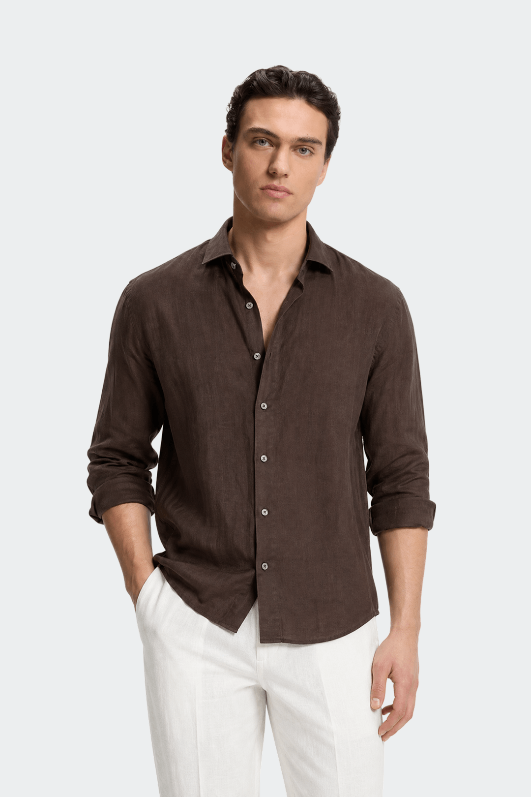Chemise en lin décontractée col italien pour homme