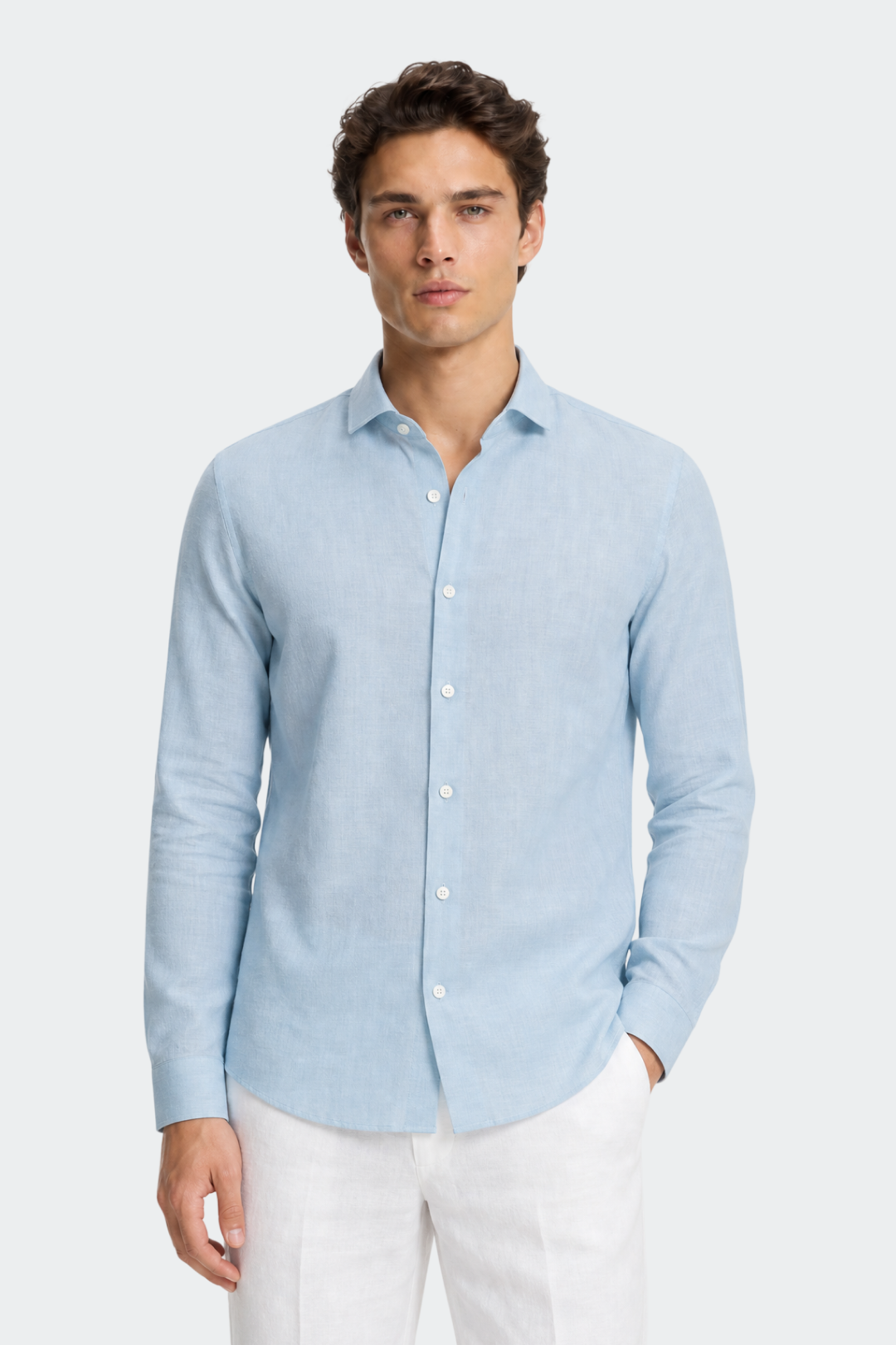 Chemise en lin décontractée col italien pour homme - beige