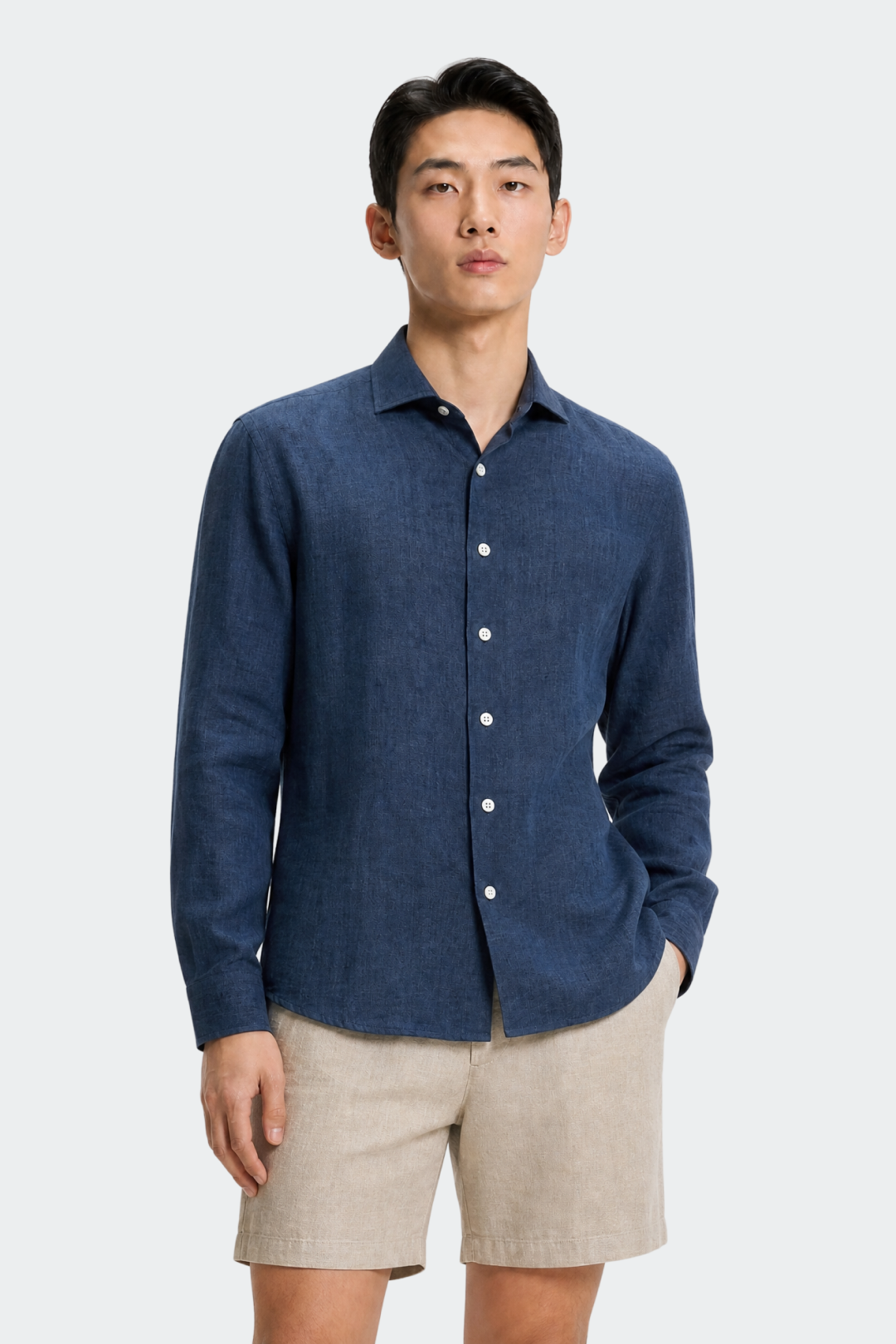 Chemise en lin décontractée col italien pour homme
