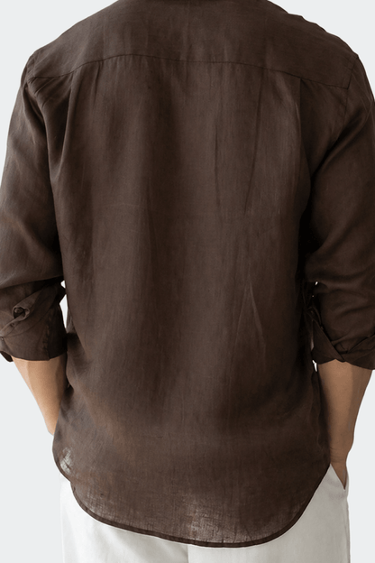 Chemise en lin décontractée col italien pour homme - marron