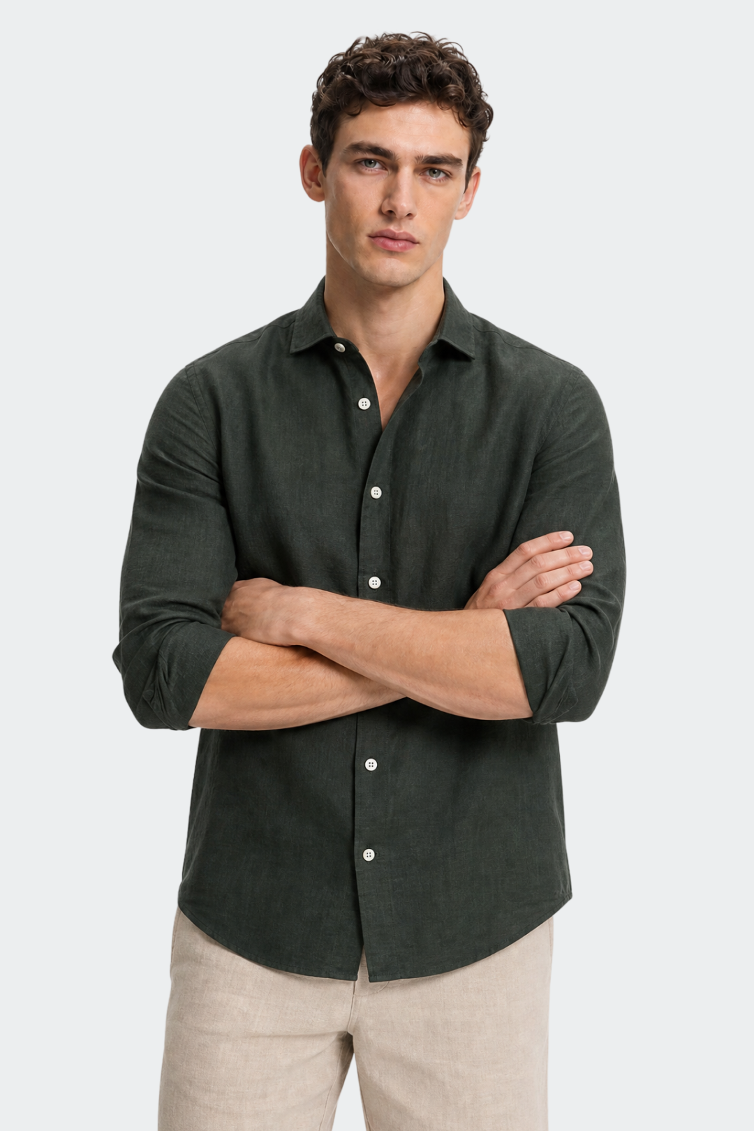 Chemise en lin décontractée col italien pour homme