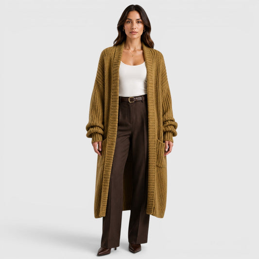 Gilet long femme en maille - kaki