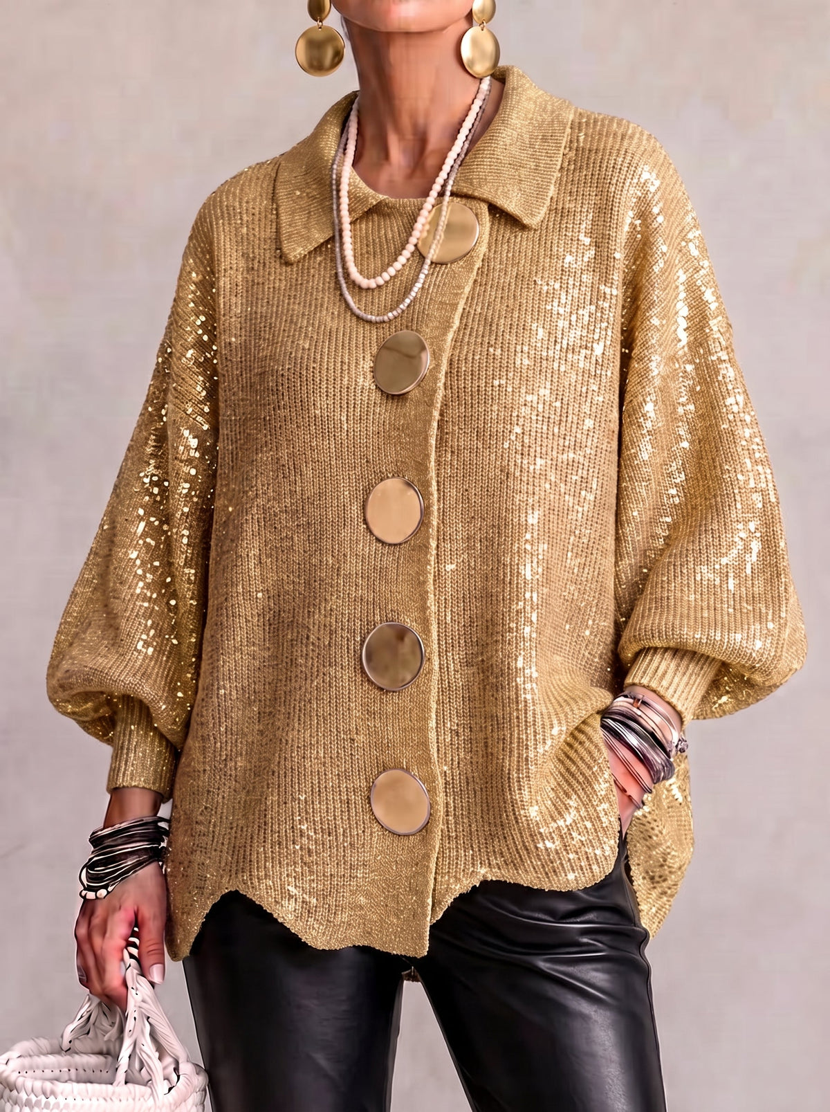 Cardigan oversize femme à manches lanterne et col pointu