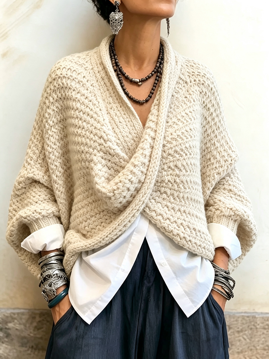 Pull femme col croisé à manches chauve-souris
