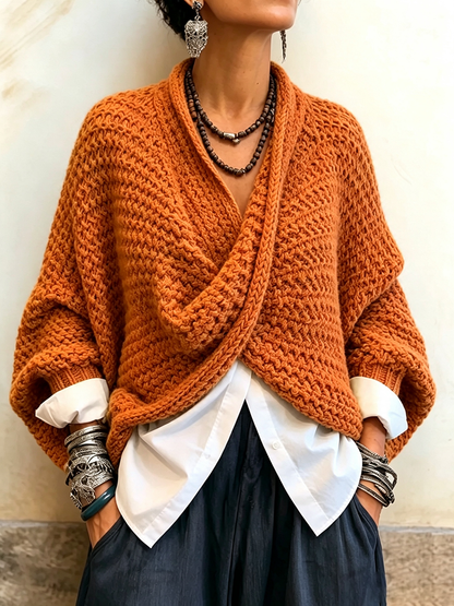 Pull femme col croisé à manches chauve-souris