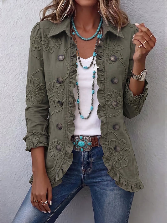 Veste verte brodée à fleurs et volants pour femme