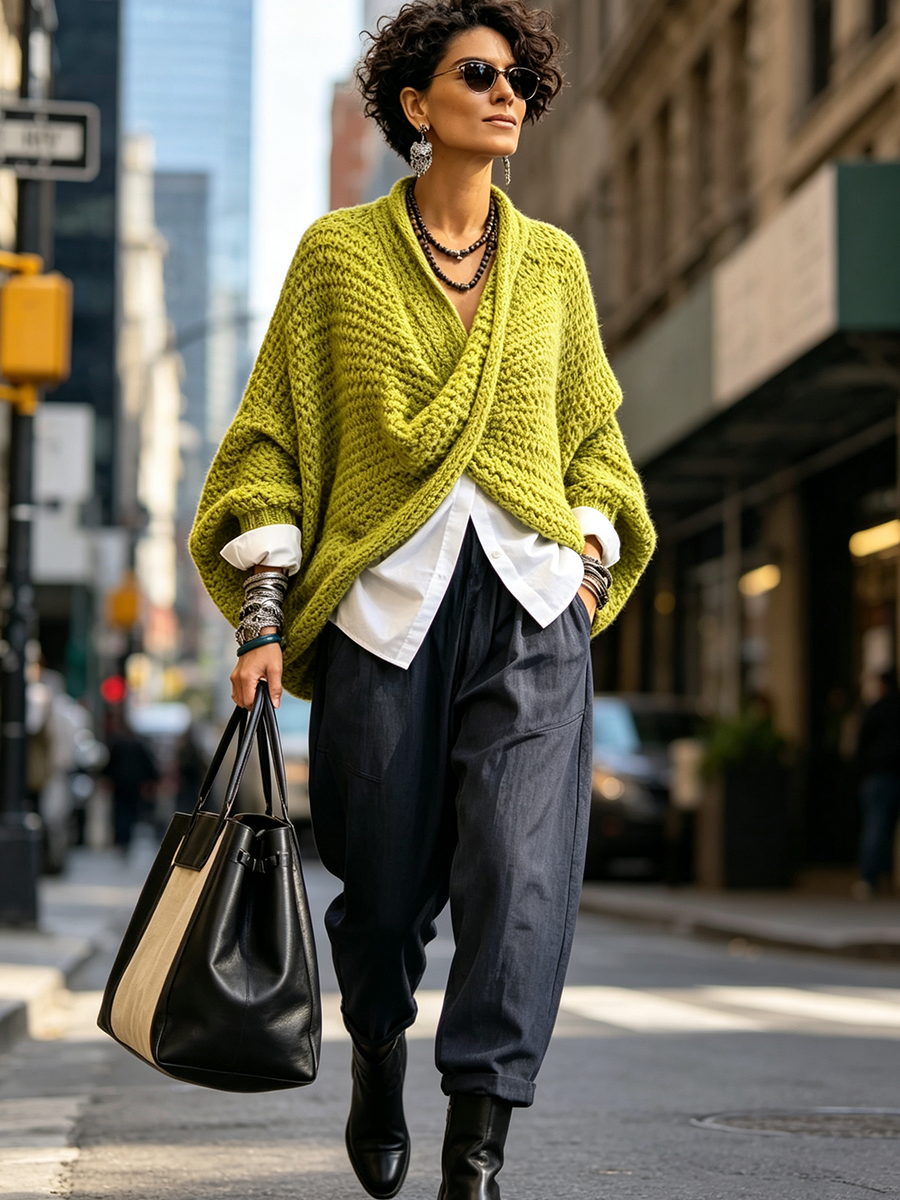 Pull femme col croisé à manches chauve-souris