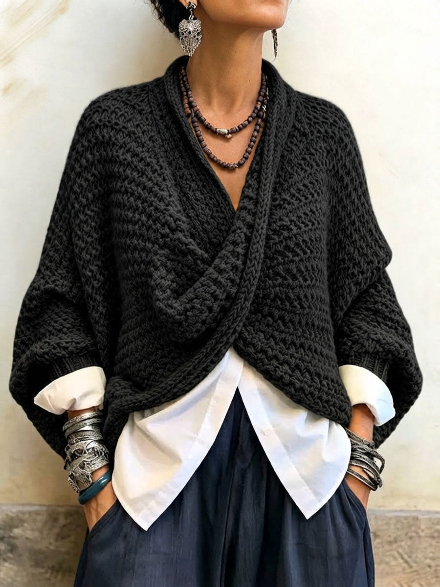 Pull femme col croisé à manches chauve-souris