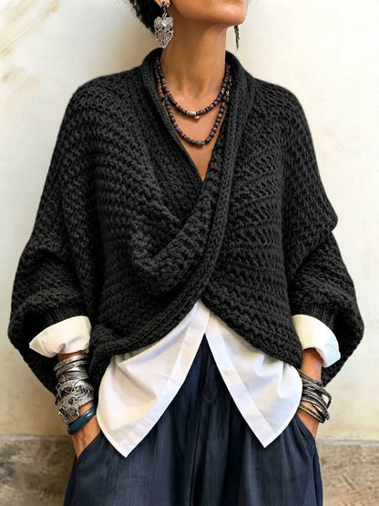 Pull femme col croisé à manches chauve-souris