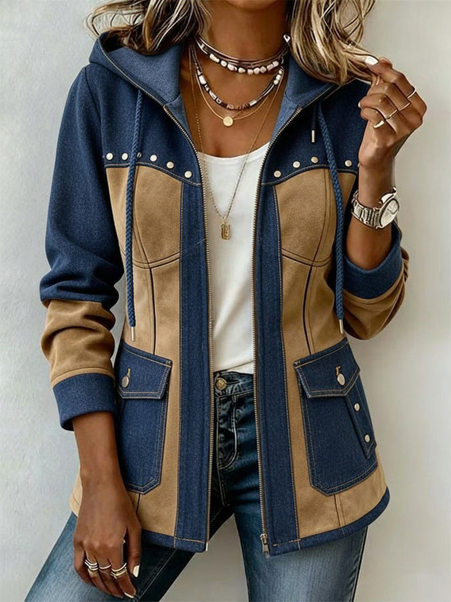 Veste à capuche femme bicolore marine et camel