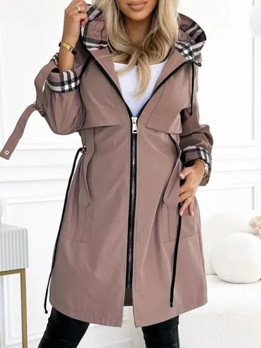 Manteau long femme à capuche à carreaux, couleur marron