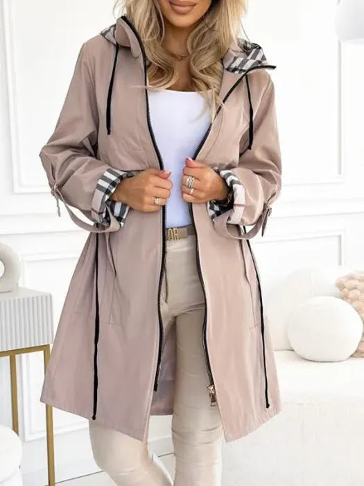 Manteau long femme à capuche à carreaux, couleur marron