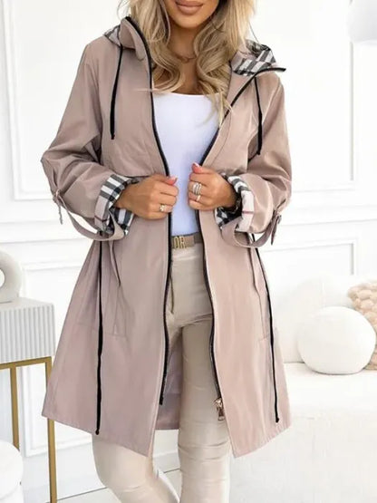 Manteau long femme à capuche à carreaux, couleur marron