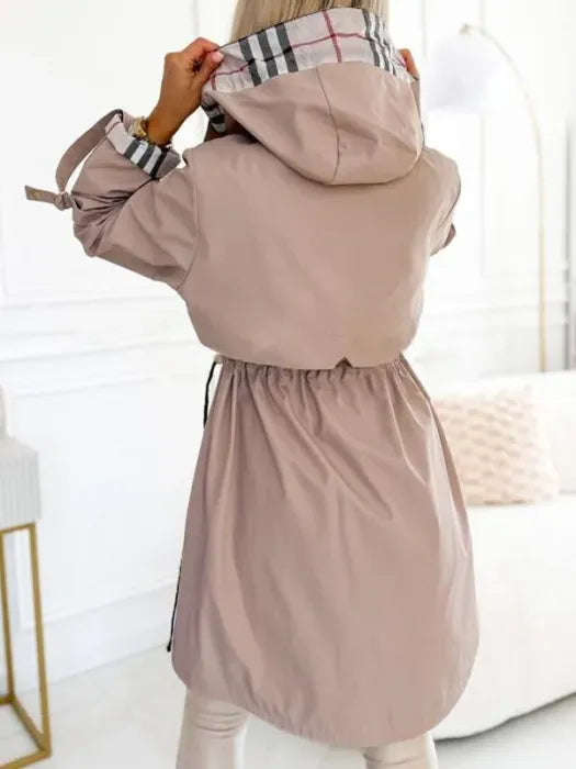 Manteau long femme à capuche à carreaux, couleur marron