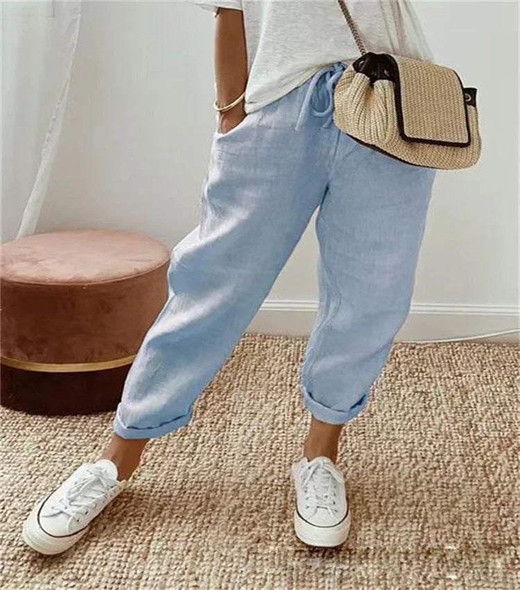 Pantalon femme imprimé à cordon - bleu