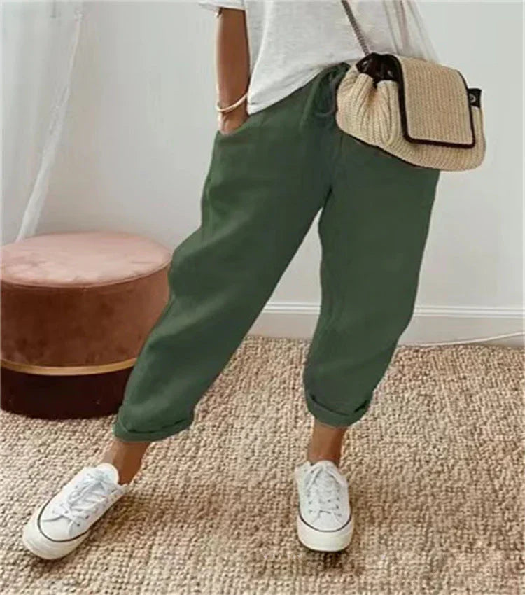 Pantalon femme imprimé à cordon - vert