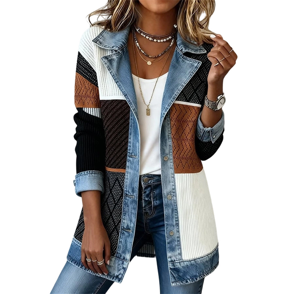 Veste femme patchwork côtelée denim coupe longue