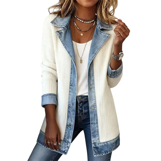 Veste femme patchwork côtelée denim coupe longue