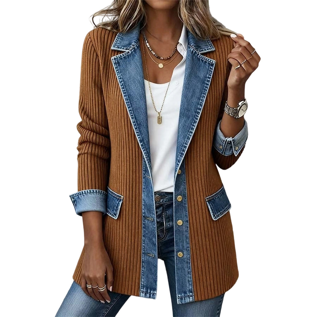 Veste femme patchwork côtelée denim coupe longue