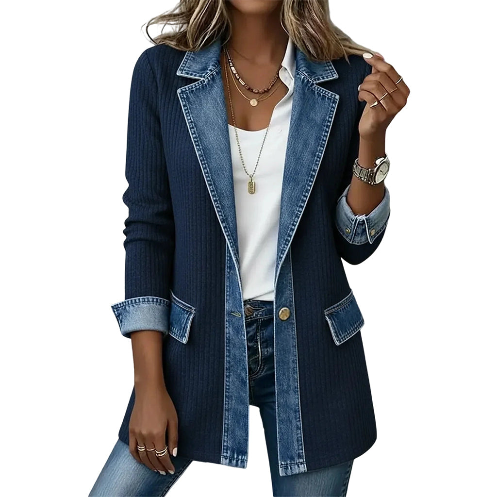 Veste femme patchwork côtelée denim coupe longue