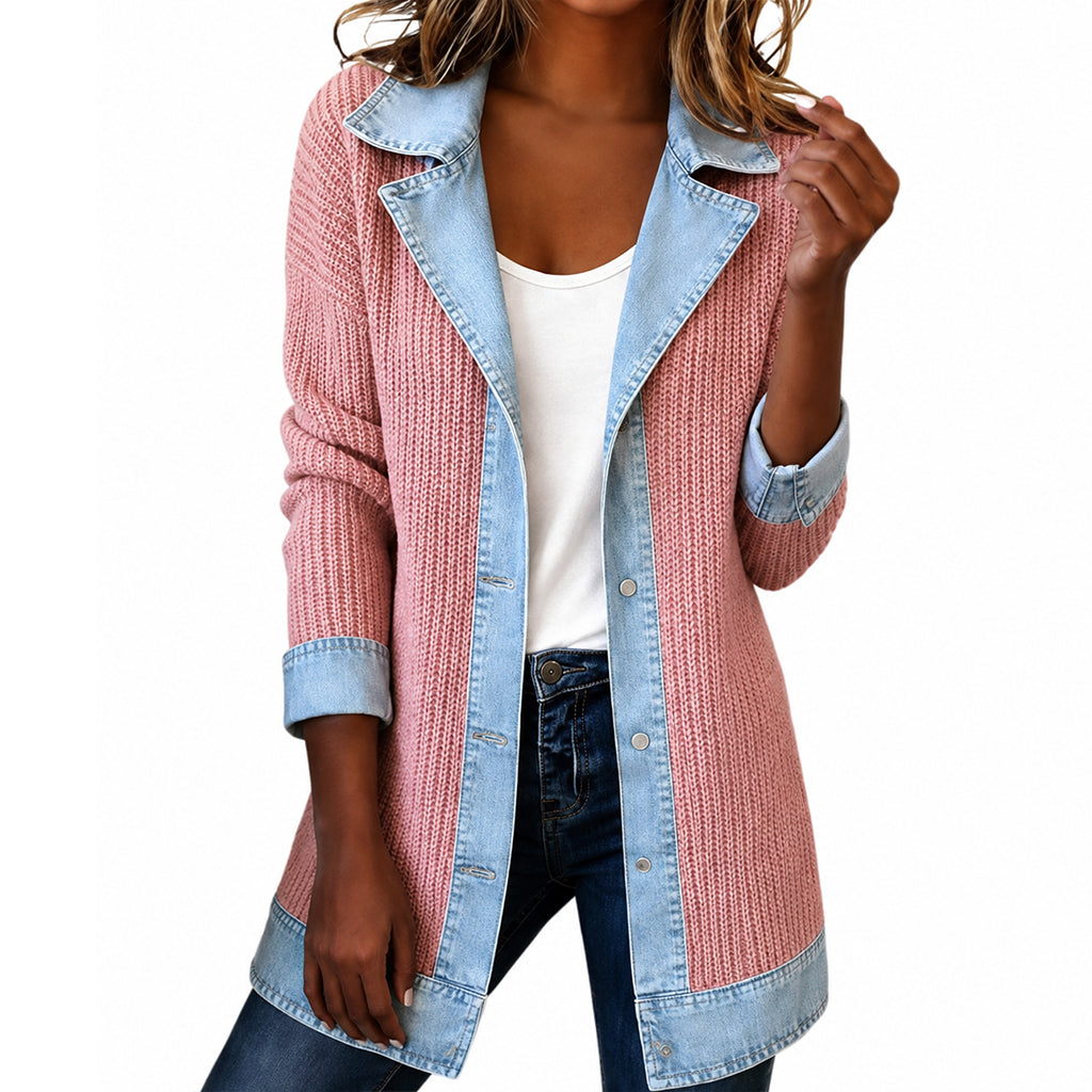 Veste femme patchwork côtelée denim coupe longue