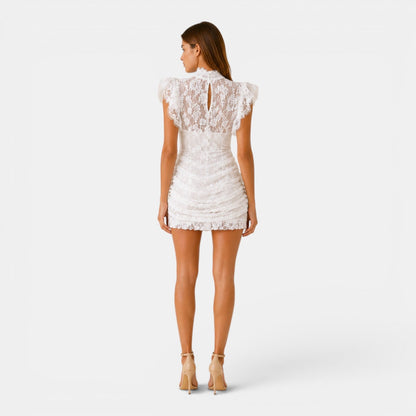 Robe mini femme en dentelle froncée